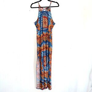 Rouge Collection Boho Colorful Print Halter Stretch Maxi Dress 2X